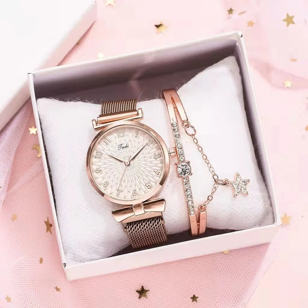 Fashion Women Watches Luxury Leather Buckle Flower Rhinestone Watch Ladies Quartz Wrist Watch Bracelet Set Reloj Mujer