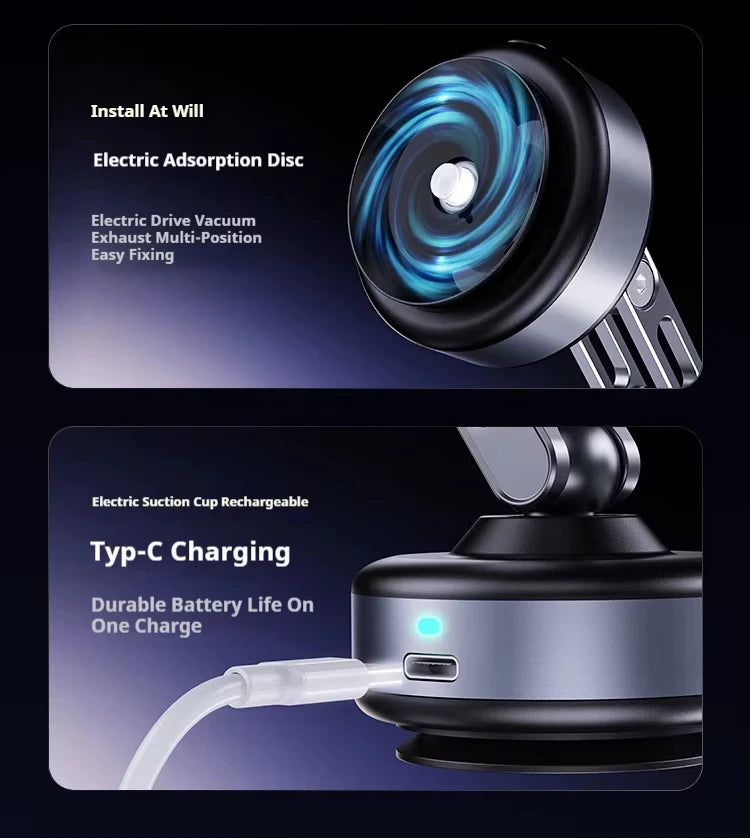 Magnetic Car Phone Holder 360° Rotating Folding Electric Vacuum Suction for Car Navigation Gym Kitchen Streaming Bracket
