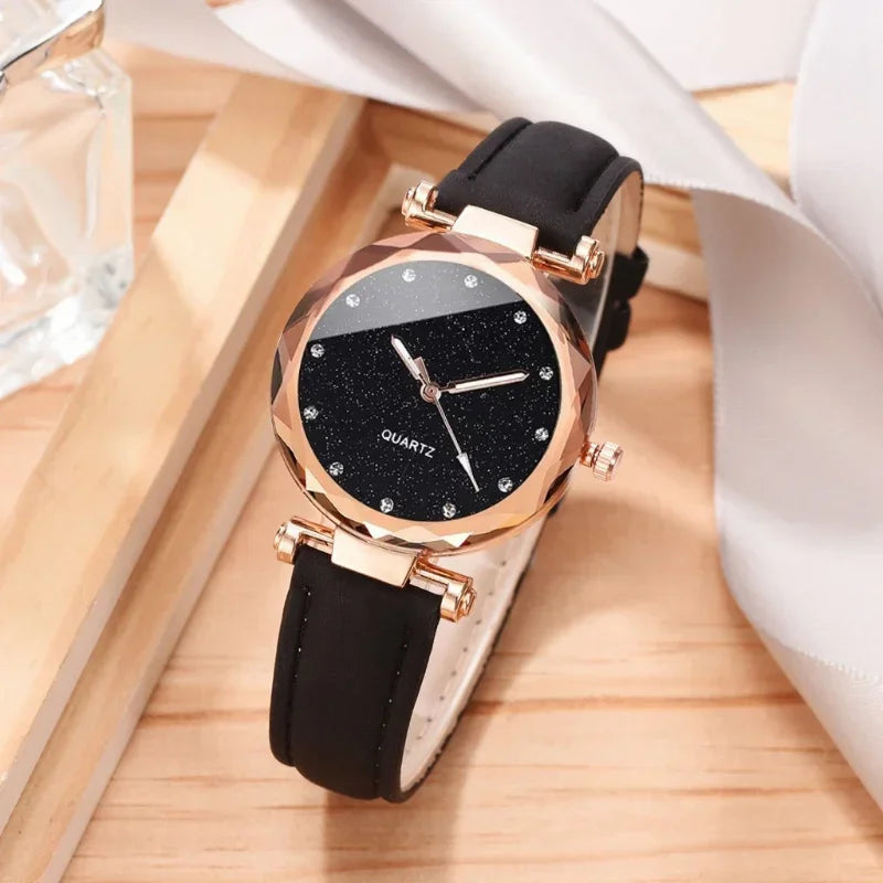 2pcs Luxury Fashion Women Watch Set PU Leather Strap Ladies Quartz Wristwatch Rhinestone RoseGold Alloy Bracelet For Ladies Gift