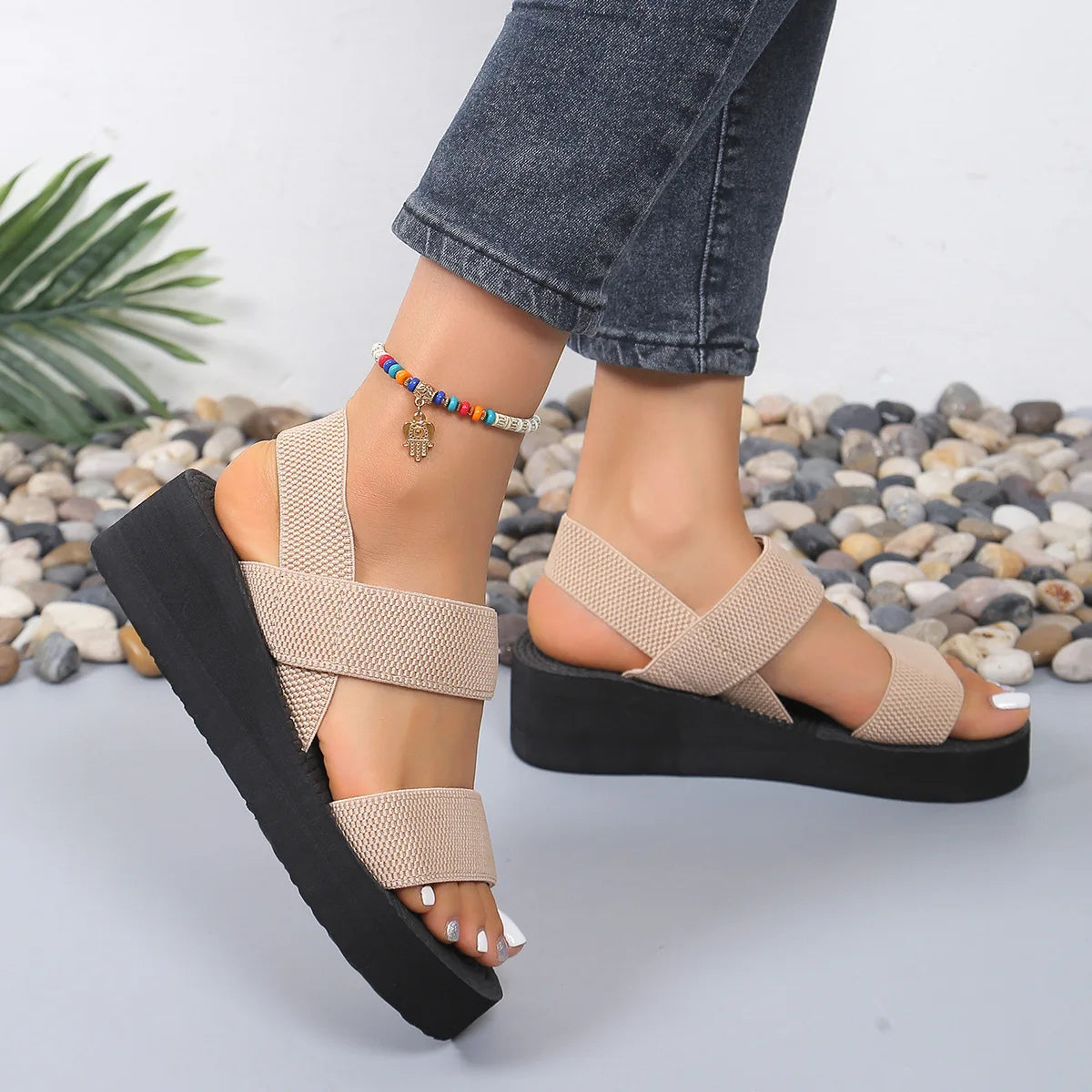 Women Slingback Wedge Sandals Outdoor Summer Lightweight Slides Solid Color Thick Bottom Ladies Slipper Female Roman Sandals