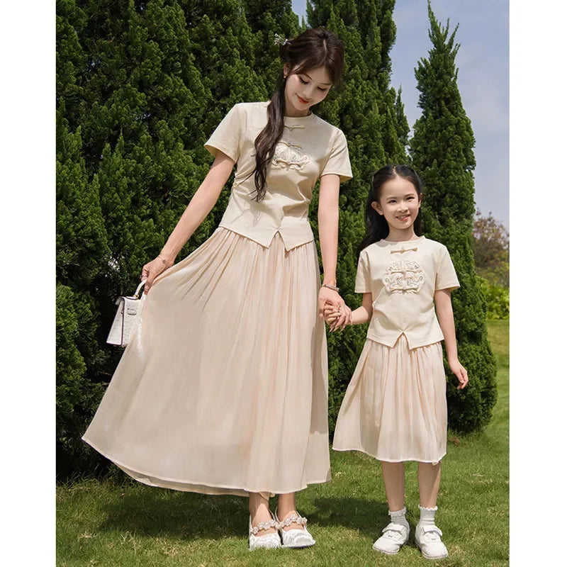 Mom Daughter Skirt Two Piece Sets Chinese Style Family Clothes Couple Matching Outfits Clothing for Women Dad Son T Shirts Suit