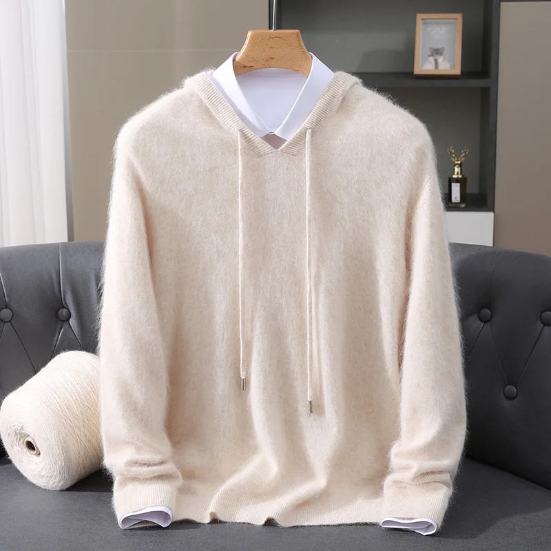 Men's Clothing: 100% Pure Mink Cashmere Knitted Sweater Casual And Loose Large-Sized Hooded Pullover Autumn Winter New Products