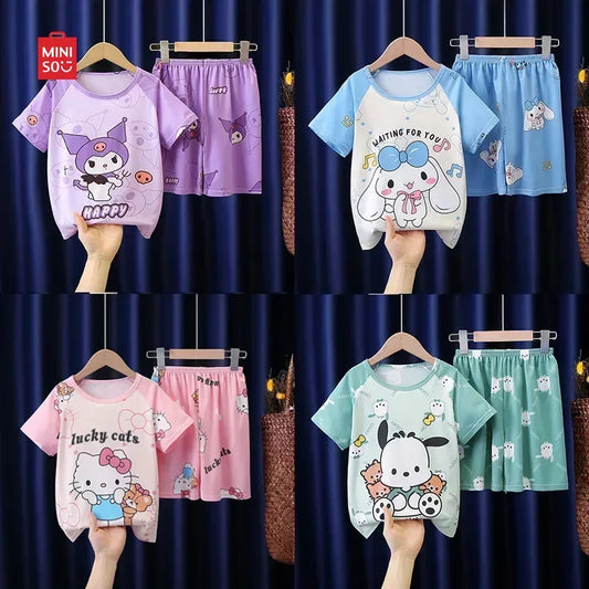 Miniso 2024 Summer Children's Pajamas Anime Cartoon Cinnamoroll Kuromi Kids Milk Silk Sleepwear Girl Boy Pijamas Sets Gift