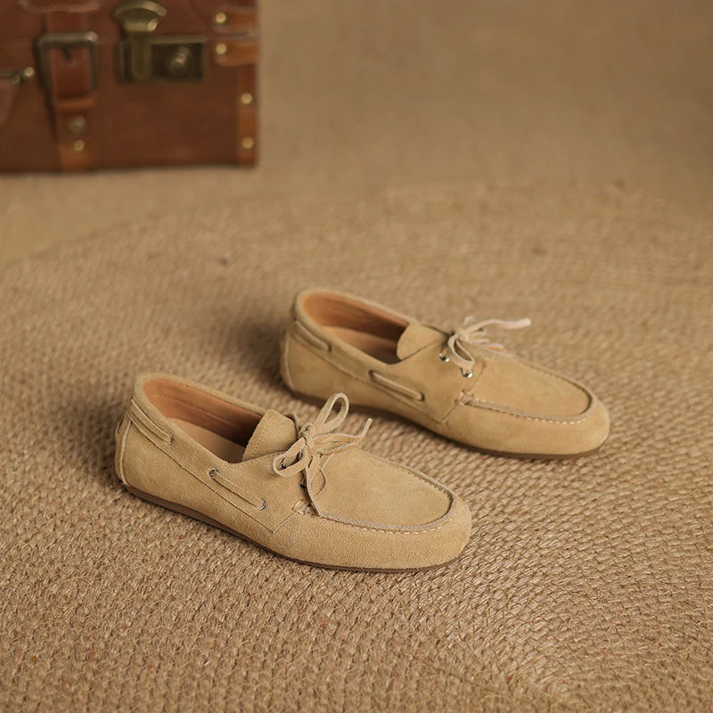 2026 New Spring Genuine Leather Women Shoes Round Toe Women Flats Shoes for Women Retro Lace Up Loafers Fashion Ladies Shoes