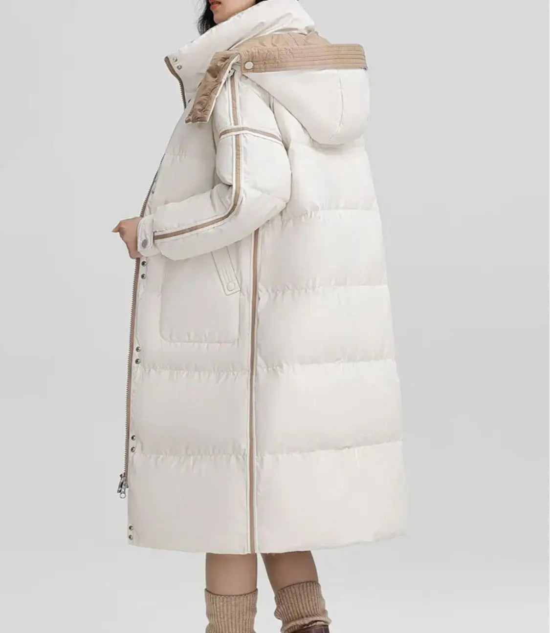 Winter Color-matched Plaid Hooded Casual Knee-length Down Jacket
