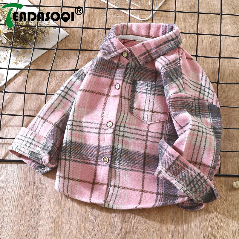 2-9Y Kids Boys Girls Spring Fall Vintage Plaid Shirt Cotton Clothing Long Sleeve Lapel Single Breasted Cardigan Base T-shirt