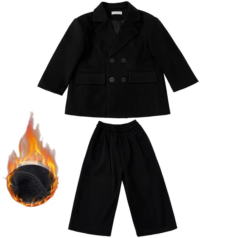 Boys Woolen Suit Set Autumn Winter Thicken Warm Casual Blazers Trousers Two-piece Children White Wedding Outfits 2 To 12 Years