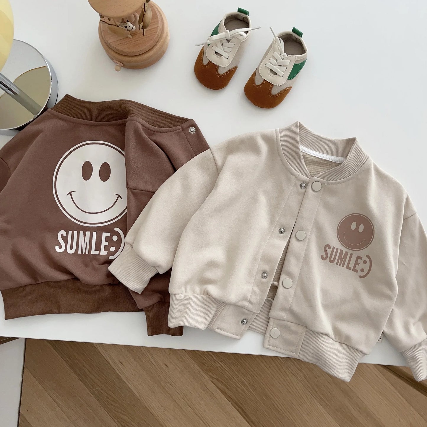 Autumn New Kids Baby Boys Single-breasted Smile Face Print Top Coat Cool Baseball-inspired Uniform Fashionable Toddler 0-5Y