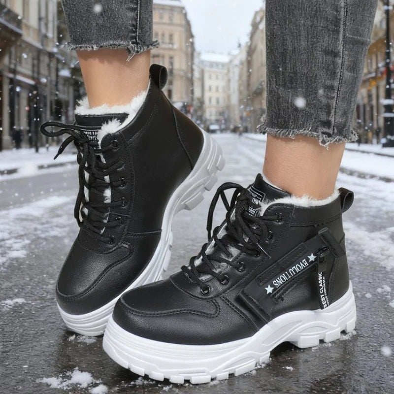 Women's Winter Snow Boots Warm Plush Lined Lace Up Chunky Platform Sneaker Booties Side Zipper Outdoor Walking Shoes for Ladies