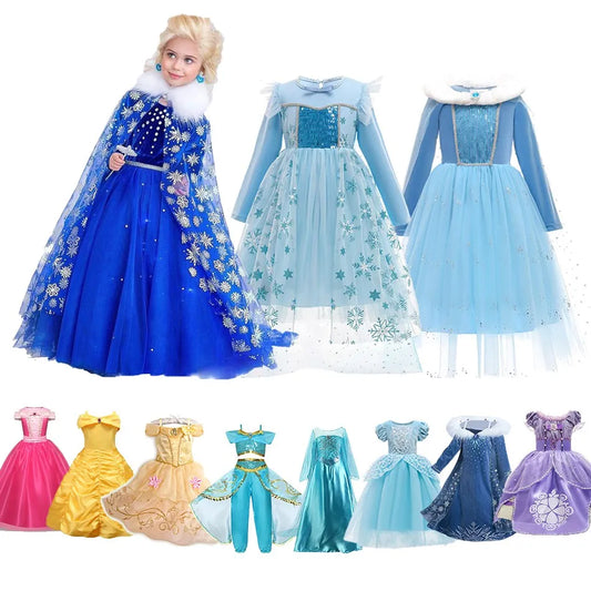 Children Princess Fancy Costume Elsa Party Carnival Aurora Sofia Dress Up for Girl Christmas Birthday Belle Snowflake Vestides