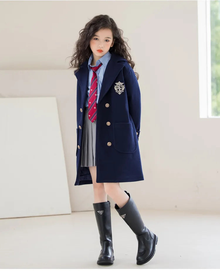 Teens Girls Winter Jacket Preppy Style Navy Mid-length Wool Coat for Kids Thick Warm Casual All-match School Children Outerwear