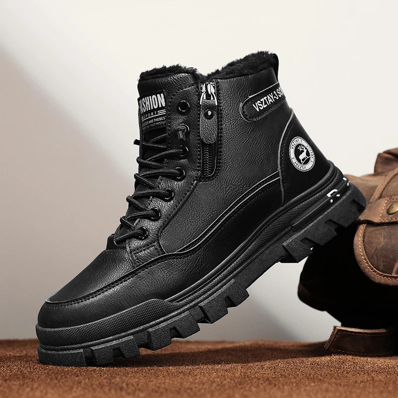 Winter Fleece-Lined Warm High-Top Men's Boots, Korean Style Versatile Men's Boots, Thickened Lightweight Cotton Shoes, Trendy Outdoor Snow Boots