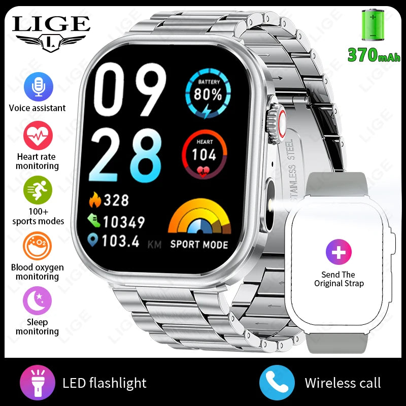 LIGE Women Smart Watch 2.01" IP68 Waterproof Outdoor Sports Tracker LED Flashlight Bluetooth Call Men Smartwatch For Android iOS