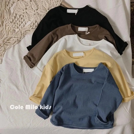 Otoño Invierno niño niña niños sólido manga larga camisa chico suelta camiseta Retro bebé algodón Tops niño Casual camisetas