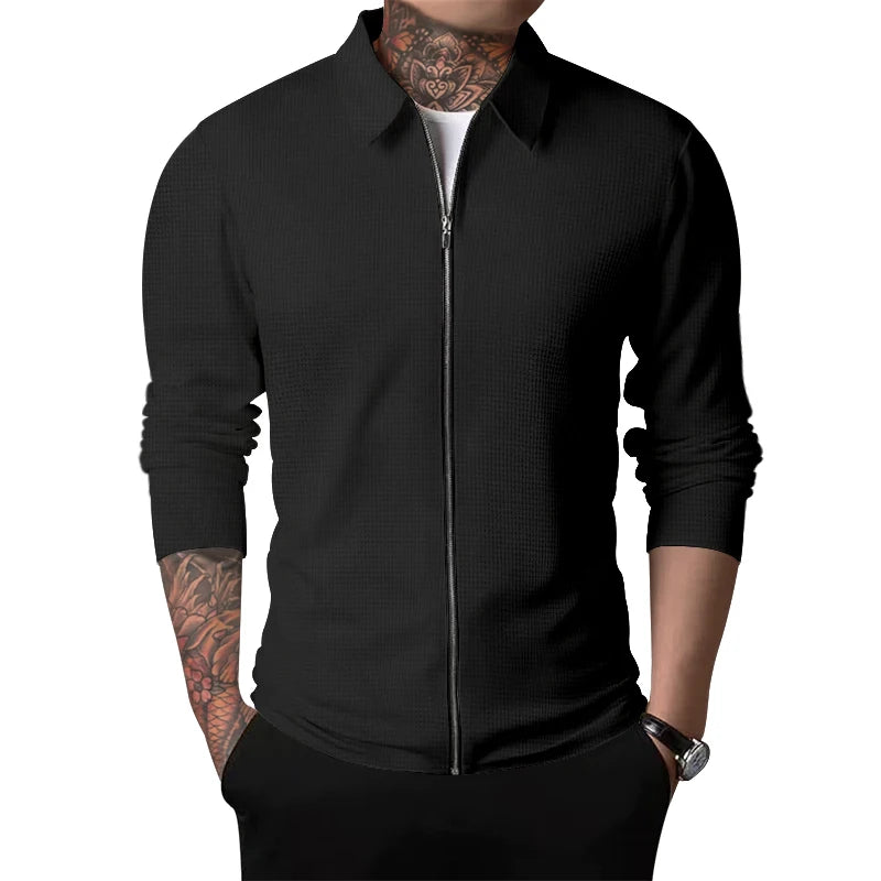 Spring and autumn new men's Sportswear, zippered long sleeved polo shirt+polyester fiber, solid checkered