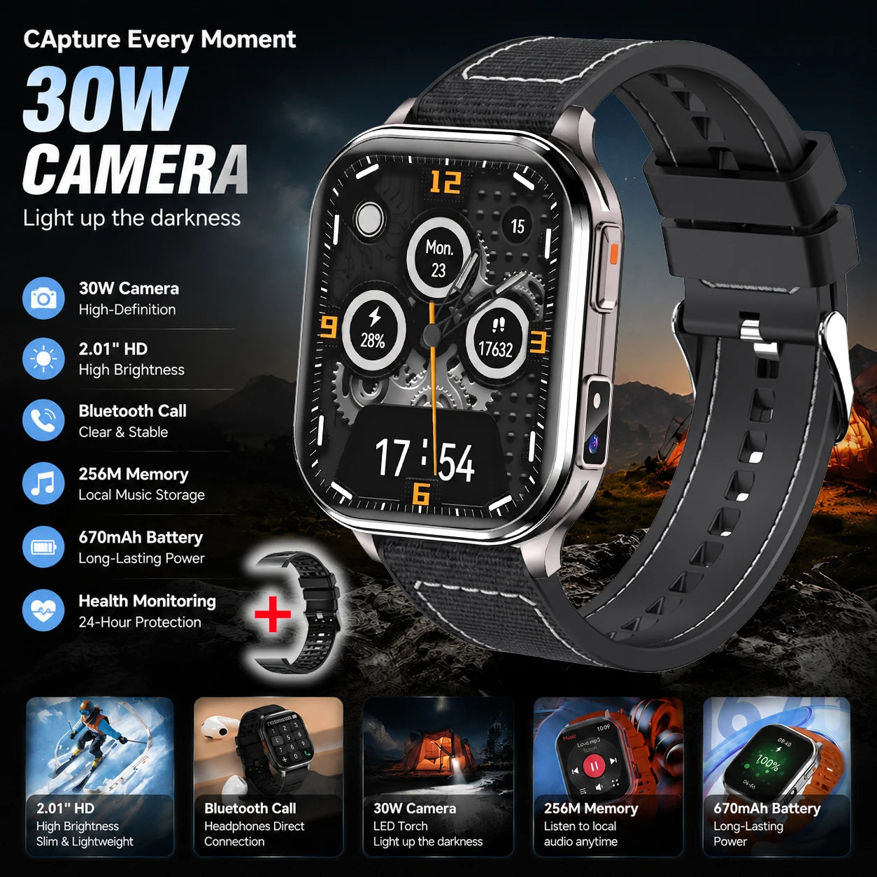 New Smart Watch 2.01" 30W Camera LED Torch 256MB Memory 670mAh Waterproof Health Monitoring 100+ Sports Mode BT Call Smart Watch