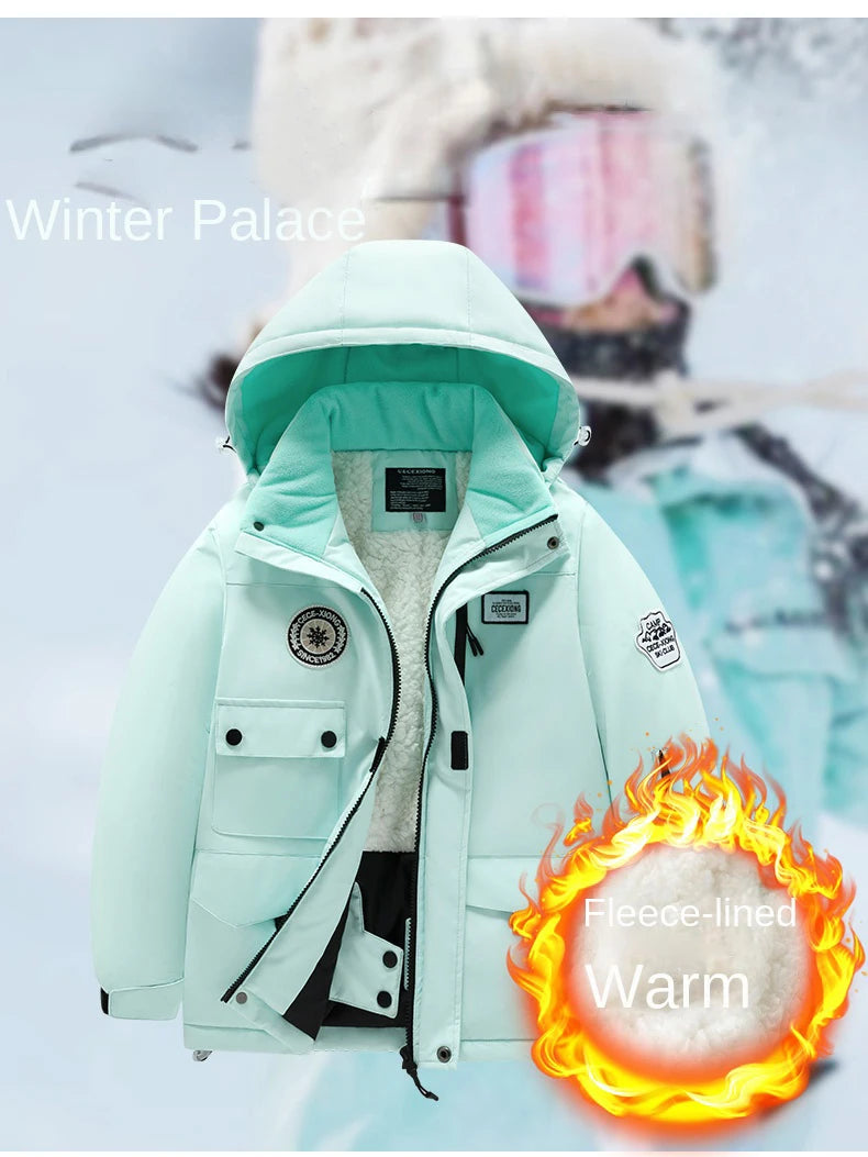 Winter children's skiing suit for boys and girls, windproof and waterproof thick coat for warmth and snow playing equipment