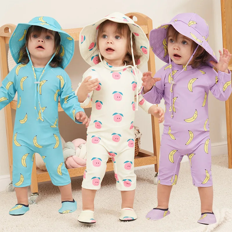 Toddler Girls Rash Guard Swimsuit Rompers Zipper Long Sleeves Cartoon Print Kids Bathing Suit Baby Swimwear Korea Sets