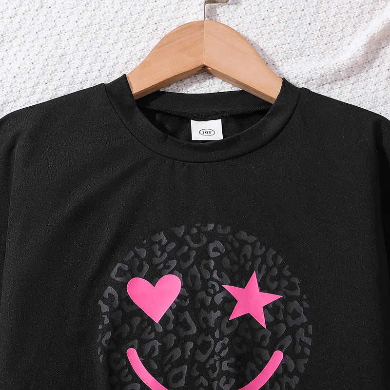 2024 New Children's Fashion Clothes Sets For Kids Girl Black Smiley T-shirt And Rose Red Pleated Skirt High Quality Korean Style