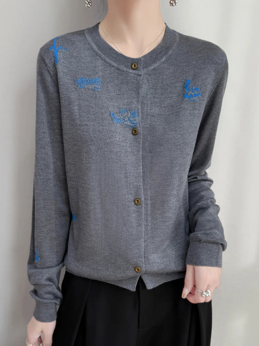 2025 New Merino Worsted Wool Women Sweater Spring Female Knitted Cardigan Long Sleeve Solid Clothing Tops Embroidery Outerwear