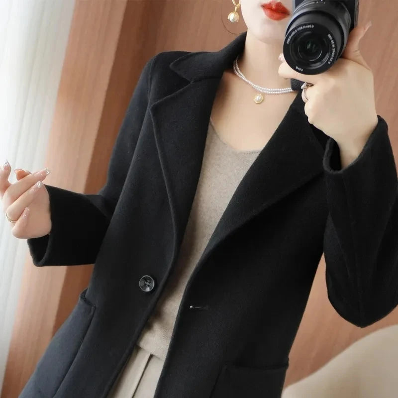 100% Pure Wool Double-Sided Cashmere Jacket Women Overcoat  Autumn Winter New Mid-Length One-Button Slim Wool Windbreakers coat