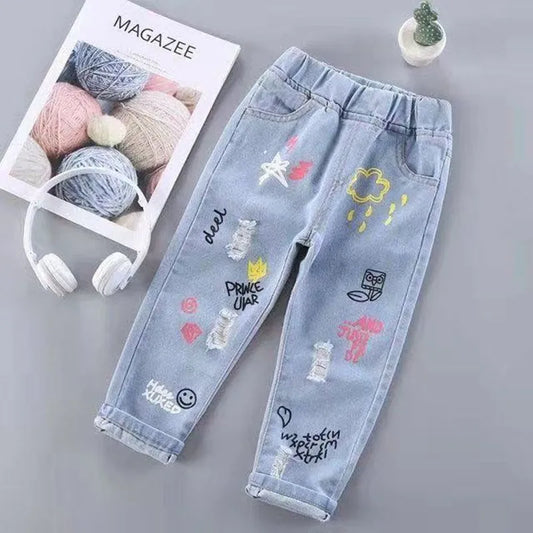 Girls' Jeans 2023 Spring and Autumn New Print Girls' Light Color Fashionable Jeans Kids' Loose Girls' Pants Kids Trousers