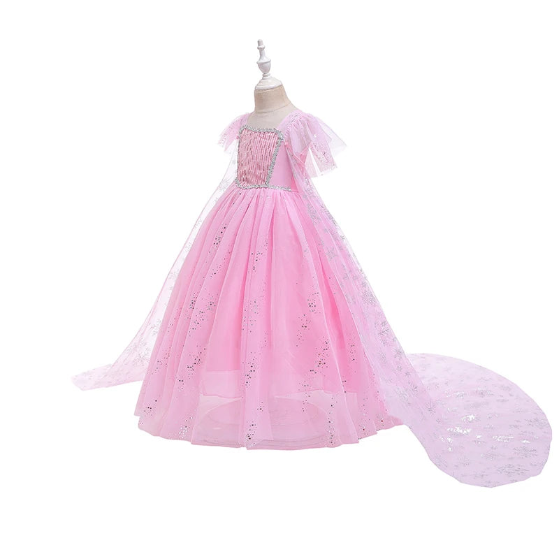 Girls pink sequined mesh princess dress, mesh short sleeves, with cape, suitable for party, dance, performance, carnival dress