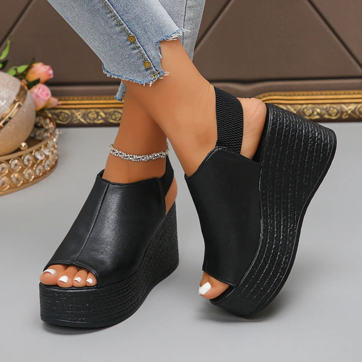 Women Sandals High Quality Summer Leather Wedge Sandals Women  New Platform High Heels Shoes Sexy Open Toe Elegant Sandals