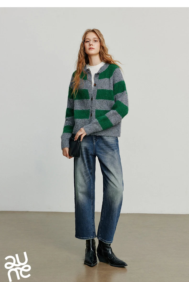 TOYOUTH Women Sweater 2025 Autumn New Color Contrasting Lulu Style Striped Cardigan Tops
