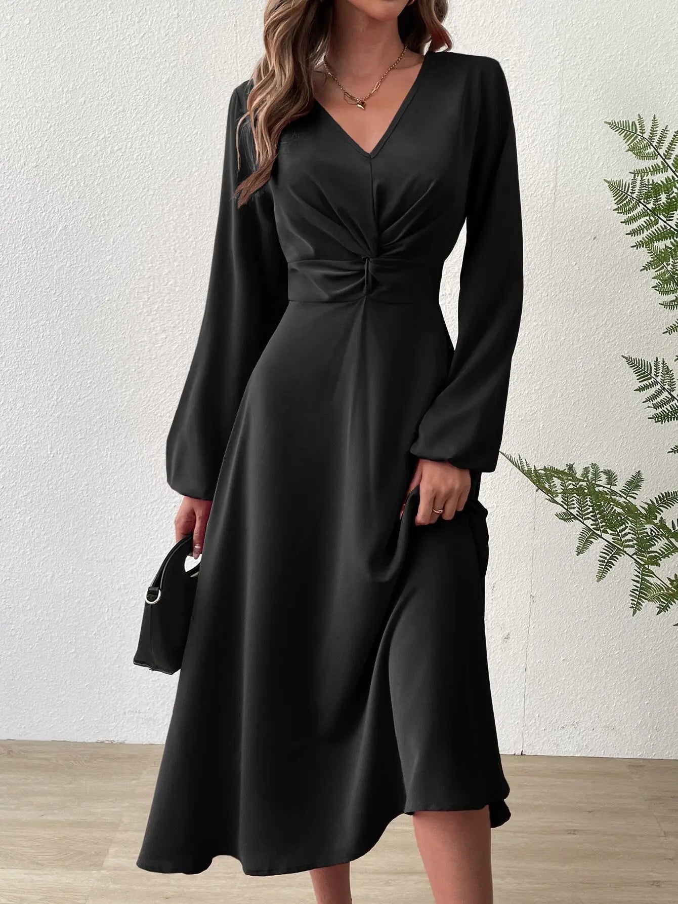 European American Fashion Spring Summer Fashion V-neck Lantern Long-sleeved Skirt Twisted Edge Elegant Mid-length Dress
