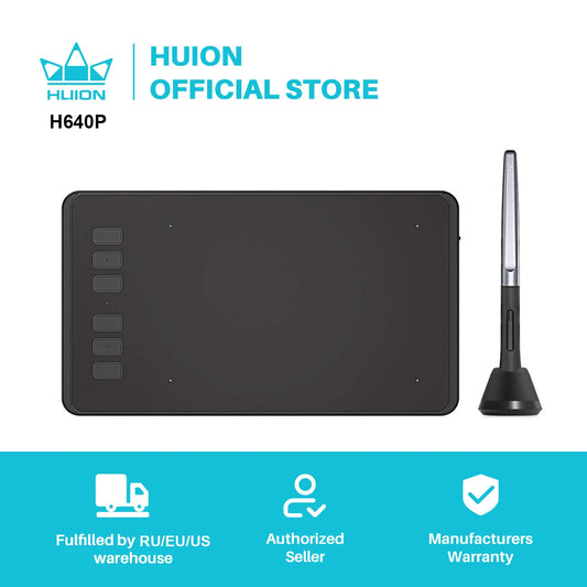 HUION-Tabletas digitales H640P de 6x4 pulgadas, bolígrafo de dibujo gráfico, 6 teclas de presión, lápiz óptico sin batería para juegos OSU, Android y Mac