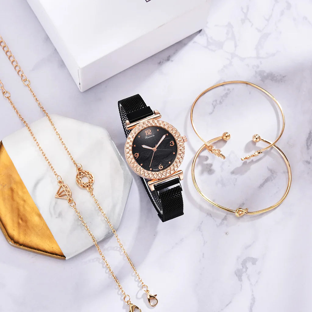 1Sets Luxury Women Watch Set Geometric Bohemian Gold Tassel Bracelets for Women Metal Quartz Wristwatches Bracelet Jewelry Gifts