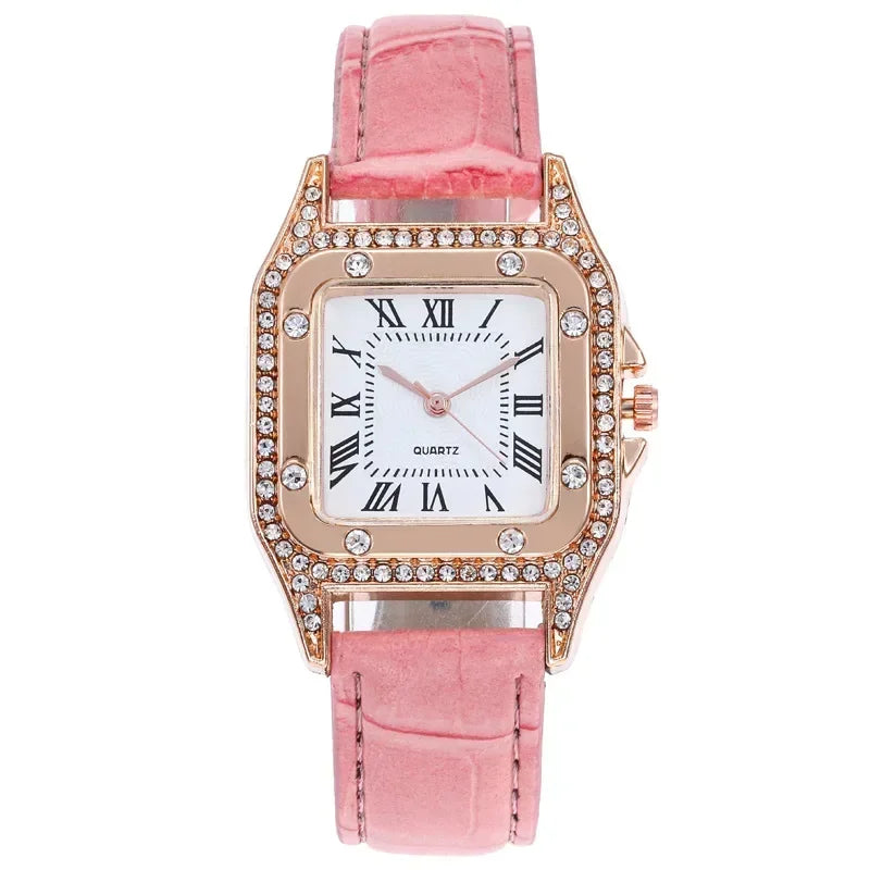 2024 Square Luxury Diamond Women Watches Set Leather Waterproof Female Quartz Wristwatch Relogio Feminino Reloj Mujer Christmas