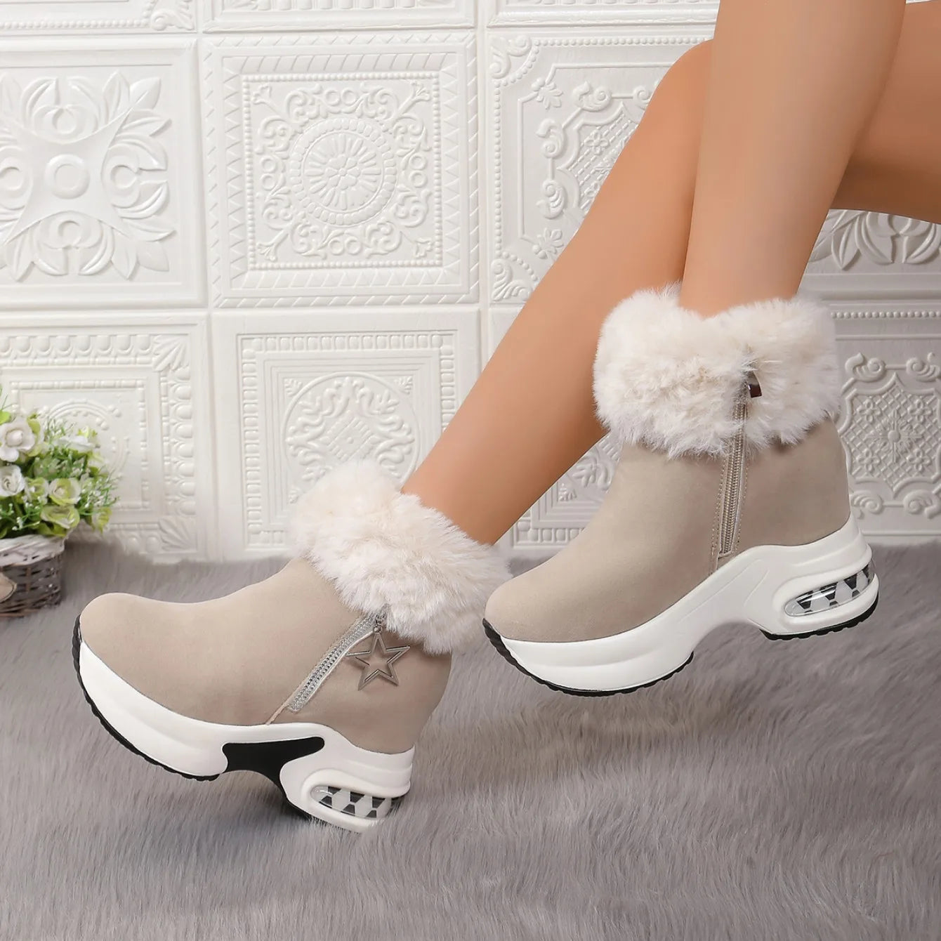Women Boots Winter 2024 New Casual High Heels Warm Boots Thickened Fluff Wedge Shoes Fashion Outdoor Platform Snow Boots Women