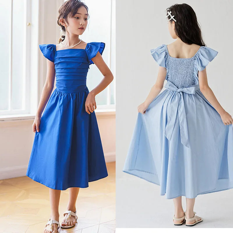 Girls Kids Summer 2024 Elegant Causal Princess Party Dresses Children Clothing Birthday Wedding Teenager Girl Dress Fly Sleeve