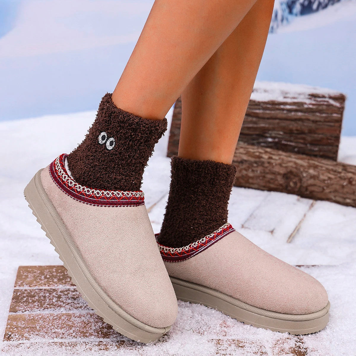 2026 Winter Women Snow Boots Cashmere Warm Thick Soles Without Heel-covered Hair Half Slipper Cotton Shoes Cashmere Warm Boots