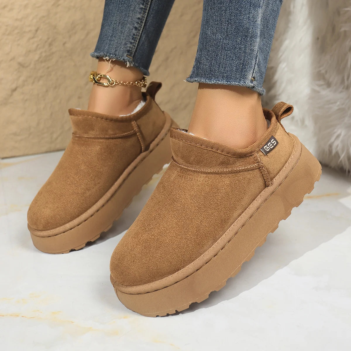 Snow Boots for Women 2026 Winter New Cashmere Warm Thick Soles Without Heel-covered Hair Half Slipper Cotton Shoes for Women