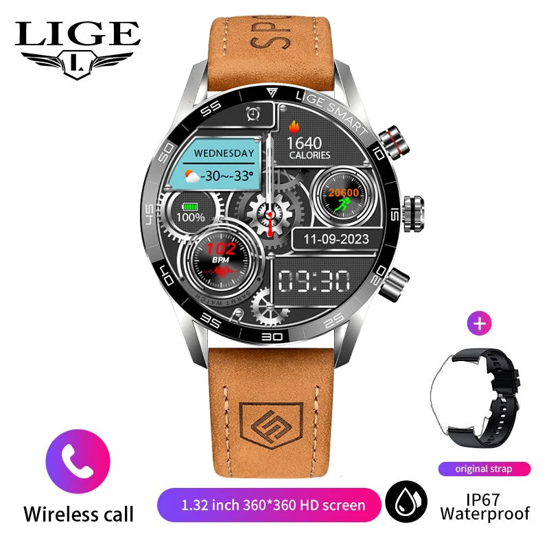 LIGE Men's Smart Watch Bluetooth Connection AMOLED Screen Smartwatch Men IP68 Waterproof Voice Call Samrtwatches for Android iOS