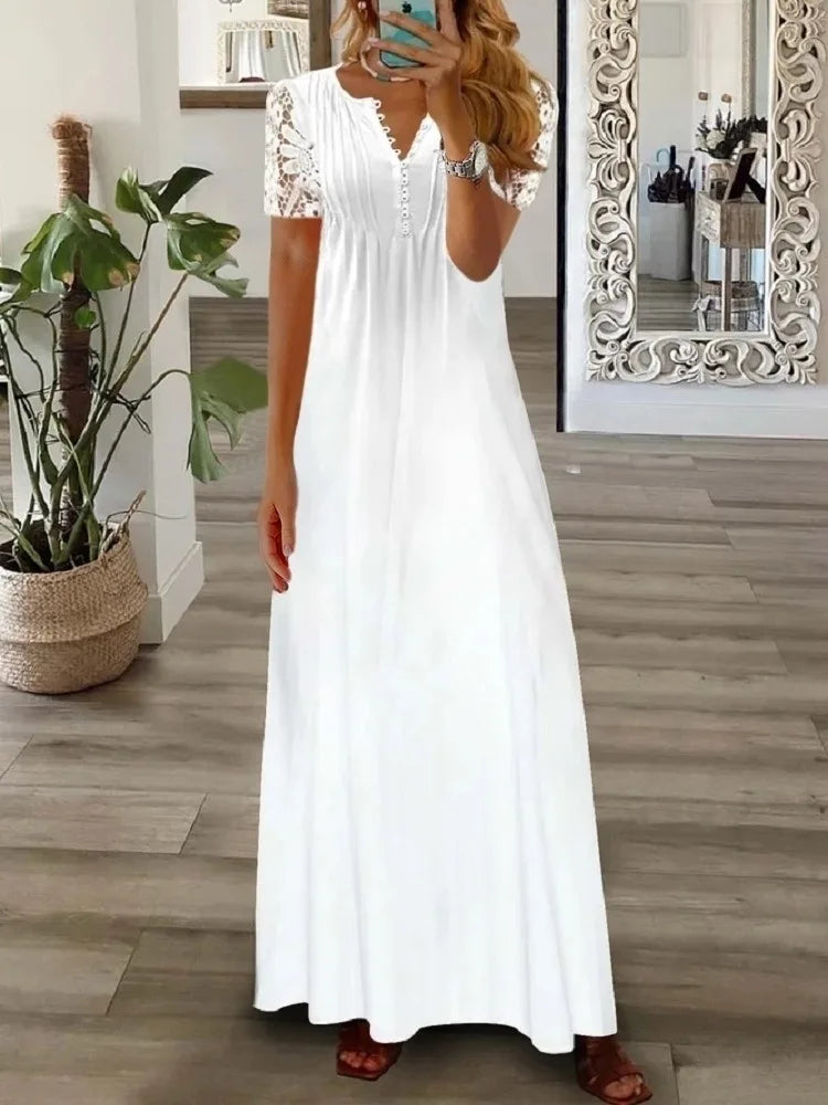 Spring Women Lace Button Loose Boho Vintage Ruffles Dresses Befree Summer Elegant Party Large Big Summer Party Maxi Dress