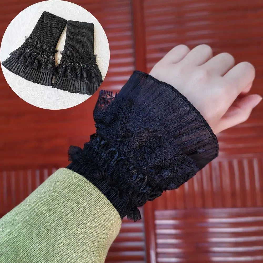 Women Sweater Fake Sleeves Hollow Out Crochet Floral Lace Horn Cuffs Embroidery Ruffles Elastic Wrist Warmers Lolita False Cuffs