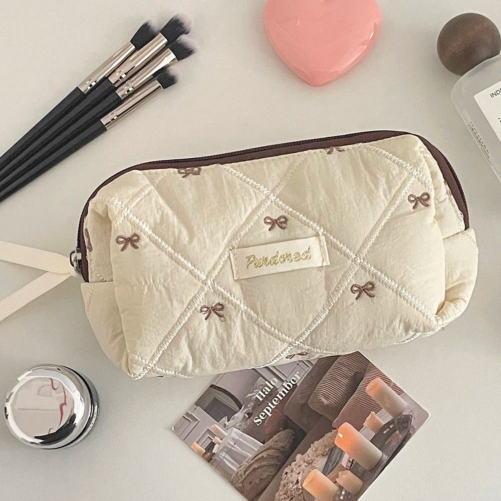 Fashion Brown Bow Cake Women Makeup Zipper Bag Large Capacity Tote Organizer Toiletry Cosmetic Pouch Ladies Make Up Handbag