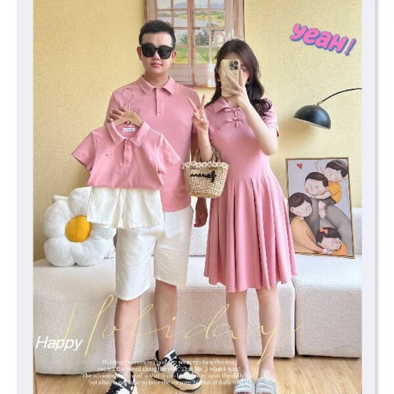 Family Set Clothes Chinese Mother and Daughter Matching Pink Dress Parent-child Outfit for Father and Son Clothes Women Dresses