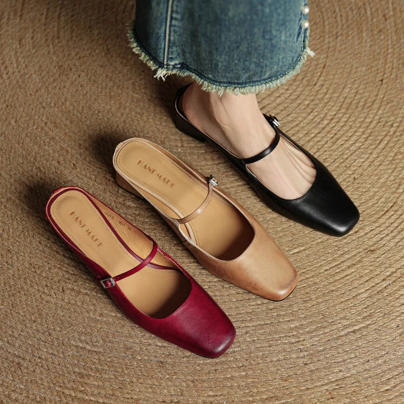 2026 New Summer Women Mules Genuine Leather Women Shoes Squared Toe med Heel Cover Toe Slingback Shallow Modern Slippers