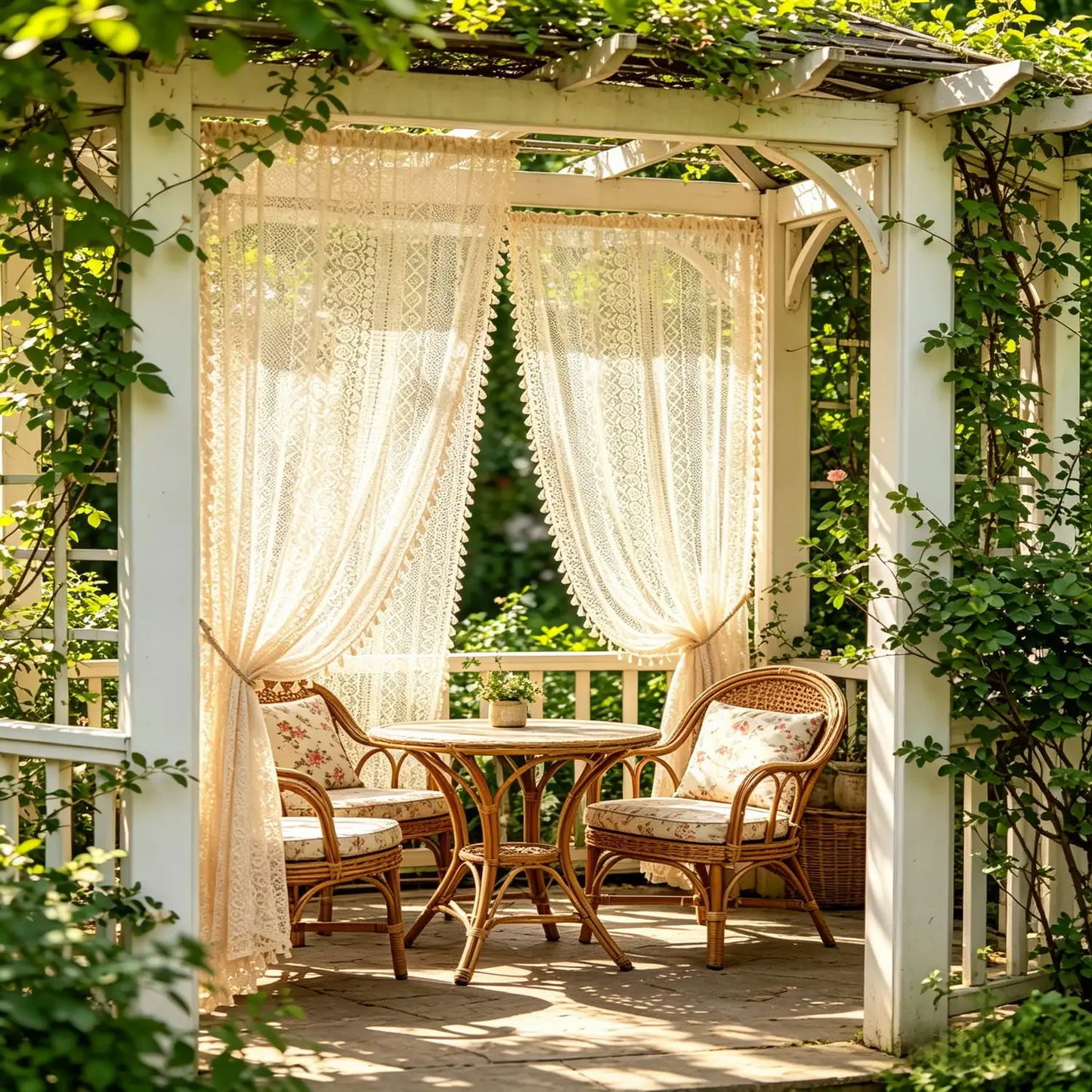 2 Pieces/Set Boho Geometric Hollow Lace Sheer Curtains with Tassel Vintage Patio Door Curtain for Farmhouse Sunroom Kitchen Cafe