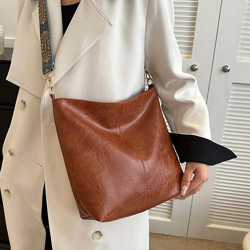 Antique Single Color Feminine Shoulder Sling Bag; Spacious, Simple, Wide Strap Bucket Crossbody Bag