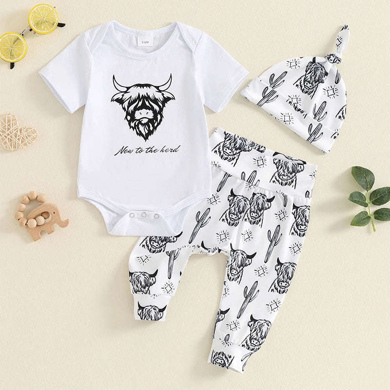 Baby Boys Western Outfits New To The Herd Letter Bodysuit Long Leggings Cap 3pcs Newborn Baby Country Cowboy Clothes