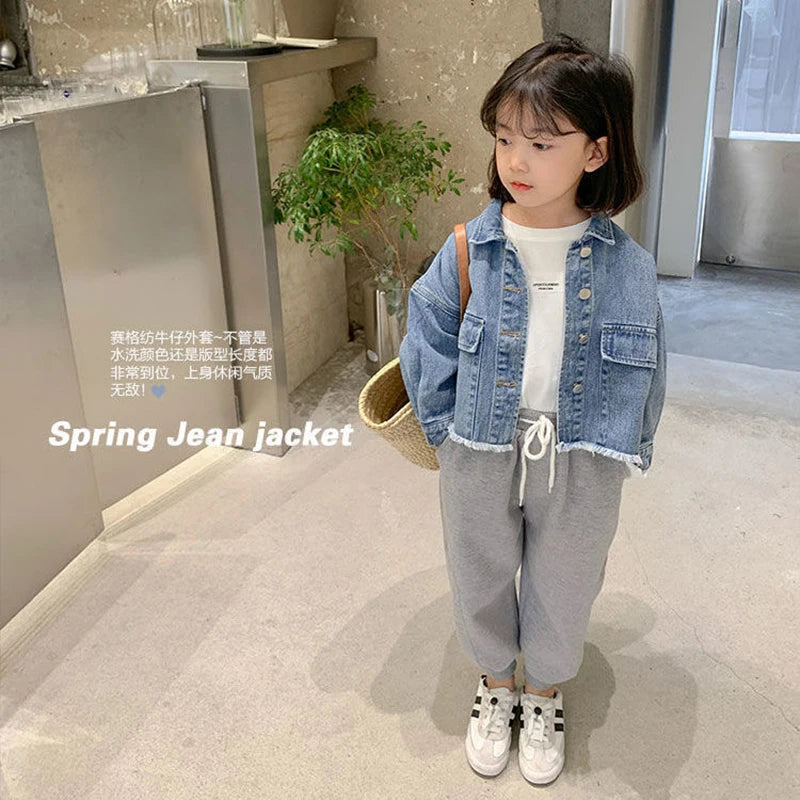 2024 New Fashion Korean Version Denim Jackets For Girls Coat Spring Autumn Children Outerwear Clothing Birthday Present 2-8 Year