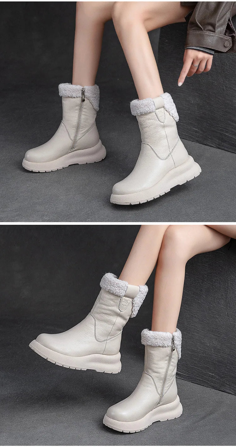 Koznoy 5cm Natural Genuine Leather Chunky Cow Spring Rubber Ankle Boots Soft Soled Winter Plush Flats Booties Autumn Women Shoes