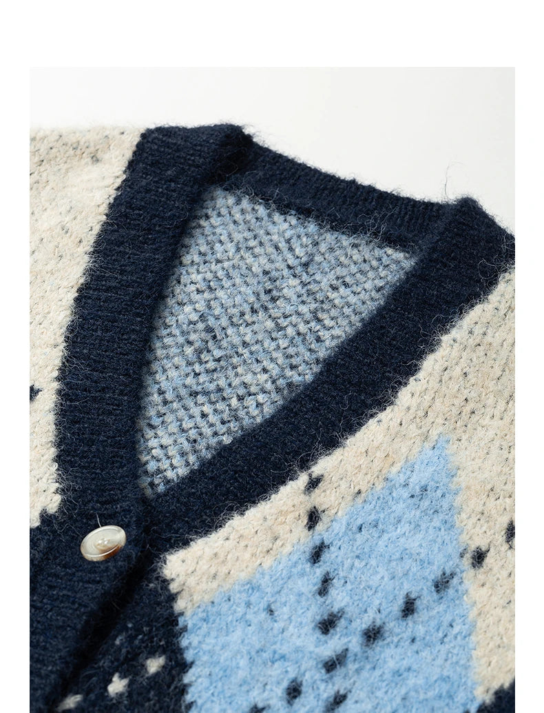 TOYOUTH Women Sweater Coats 2025 Winter New Retro Nordic Colorblock Argyle V-Neck Loose Wool-Blend Outerwear