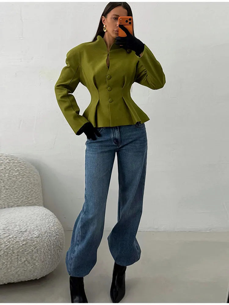 Elegant Pleated Waist Cinched Women's Jacket  Chic V Neck Single Breasted Lace Up Coat 2026 Lady Casual Slim Commute Outerwear